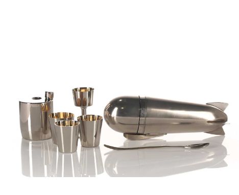 J A Henckels, Zwilling, Solingen, an Art Deco style silver-plated novelty Zeppelin cocktail shaker, the torpedo form body wit