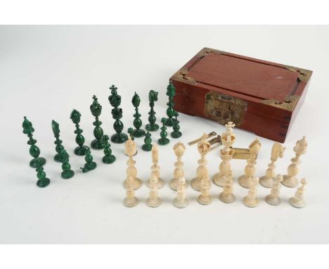 A 19th century Indian stained ivory miniature 'Pepys' pattern chess set, the Kings 8.5 cm high, contained in a matched Orient