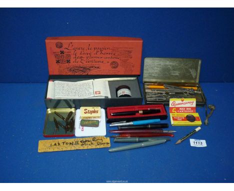 A quantity of writing equipment to include; Parker pen with 14k nib, a quill Calligraphy set, compasses, Swan and Osmiroid pe