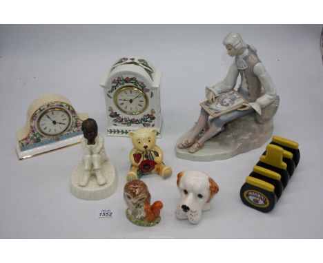 A Tupton ware bear and a Minton "Spellbound" figure sat thinking also a boy sat painting, Wedgwood clock, etc.