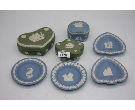 A Wedgwood, sage green, heart shape Jasperware box another similar a blue box and four trinket dishes.