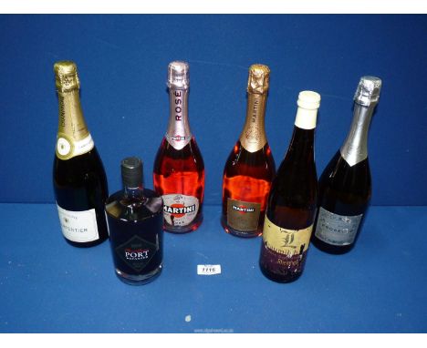 Six bottles of alcohol to include A. Carpenter champagne, M&S Special Reserve Port, two bottles of Martini Rose and a bottle 