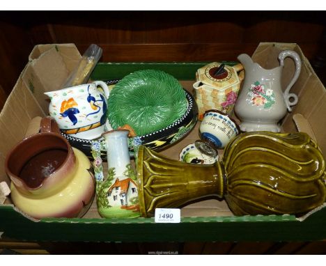 A quantity of china to include;  a small Glamorgan Pottery leaf plate, Staffordshire Drabware jug with swan handle, Gaudy Wel