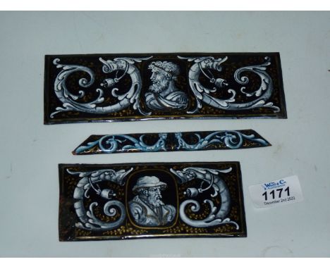 Two Limoges panels, well painted in grisaille with male portraits and grotteschi in Renaissance style and a third small panel