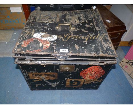 A Military trunk belonging to 'Brigadier H.R.H Greenfield', label inside reads 'Ladies Airtight Patent Hat Box' (20" wide x 1