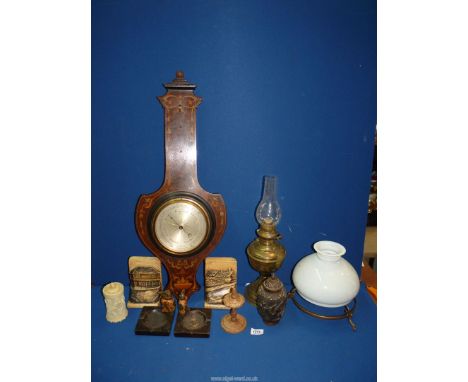An inlaid banjo barometer (no thermometer), brass oil lamp, pair of wooden bird ashtrays, pair of literary themed bookends an