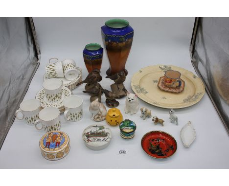 A quantity of china four Poole birds,Greenway Hostess Table ware part coffee set, Wade disney figures, Limoge trinket pot,Kel