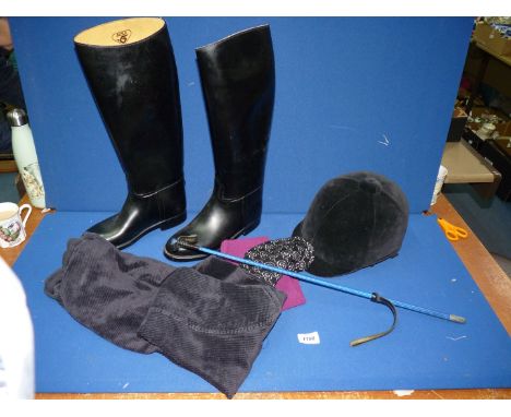 A blue riding whip (as new) and a pair of ladies Aigle knee high black Riding Boots, made in France, size 39 (UK 6), outer ru