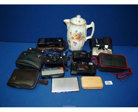 A quantity of miscellanea including Panasonic 34mm camera in case, Kodak Instamatic 130 camera, etc., silver plated cigarette