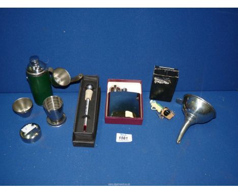 A small quantity of miscellanea to include; stainless steel hip flask and funnel, Elian Wine funnel with fitter, a Golf theme