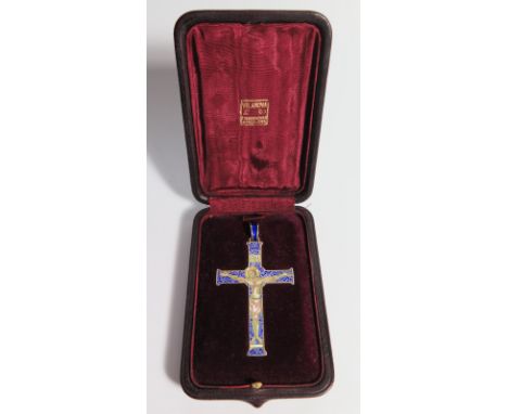 A Portuguese Silver and Enamel Crucifix Pendant in presentation case, 7cm 