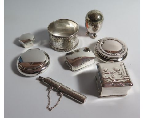 A Small Dutch Silver Box, silver napkin ring, patch boxes etc 