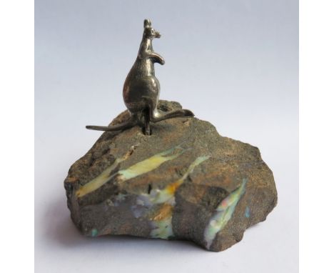 A White Metal Kangaroo Standing on Opal Rock, c. 7cm high, unmarked 