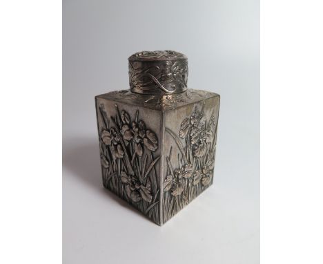 A Japanese Silver Plated Tea Caddy decorated with irises 