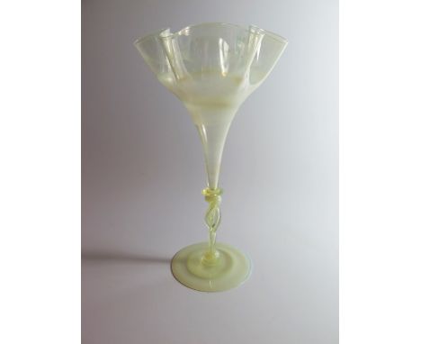 Vase made in Straw Opal glass. The bowl with a 'thrown' wavy rim, is set on a merese, above a hollow twisted stem on a conica