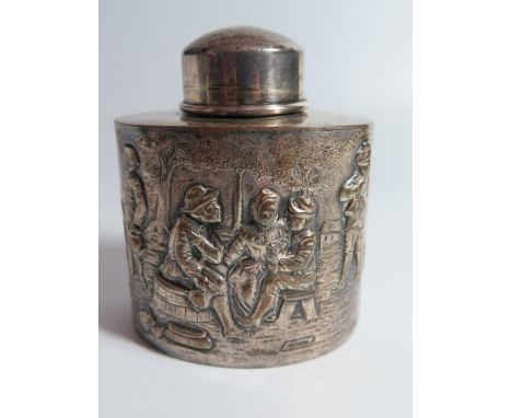 An Electroplated Silver Tea Caddy decorated with village green, drinking and dancing 