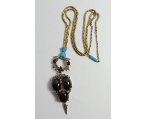 A Nineteenth Century Cabouchon Garnet, Diamond and Enamel Necklace, c. 7cm drop 