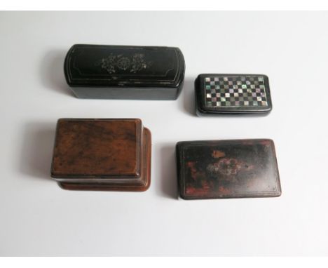 Three Papier Mache Snuff Boxes and stamp box 