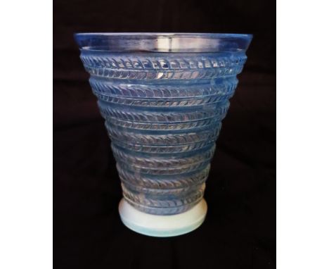 R. Lalique _ A Cytise Opalescent and Blue Stained Vase, etched mark to base, 13cm