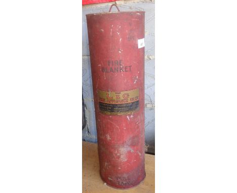 Antique L &amp; C Fire Appliance Co Ltd; tin cylinder with original fire blanket