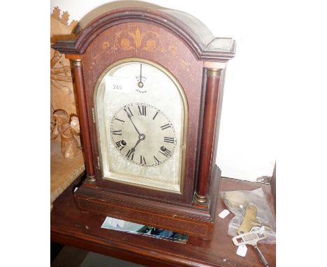 Edwardian inlaid mahogany arch topped Bracket-Type mantle clock, the movement striking on a gong, 35cm high