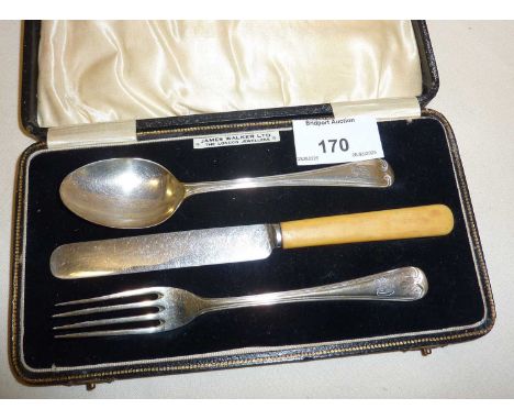 Cased silver spoon and fork with matching knife, christening set. Hallmarked for Birmingham 1932 Arthur Price &amp; Co. Silve