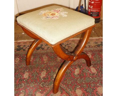 19th c. mahogany X framed stool with tapestry seat