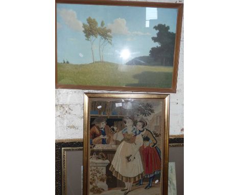 Victorian tapestry of figures together with a coloured print titled verso "Whispering Breeze"