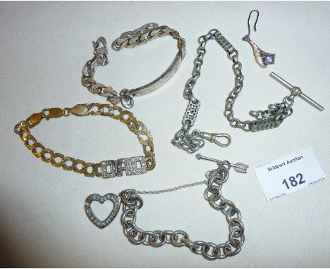 925 Silver gilt "DAD" bracelet, silver ID bracelet (A/F), antique white metal Albert chain, Tiffany type heart bracelet, etc.