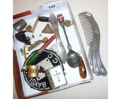 White metal peacock comb, porcelain cat signed CM, miniature bible, etc.