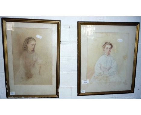 Pair of 19th c. Conte Crayon and watercolour portraits by E. Preston TILT (1849-1878) of Mary Everest and Harriet Everest, si