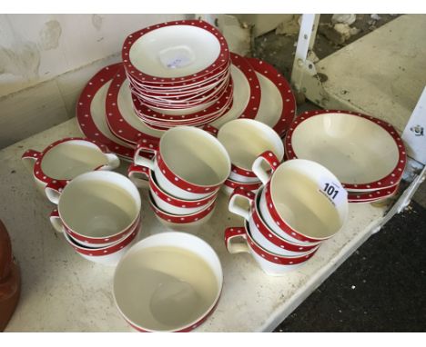 The residue of a Midwinter china Stylecraft red and white polka dot breakfast service.
