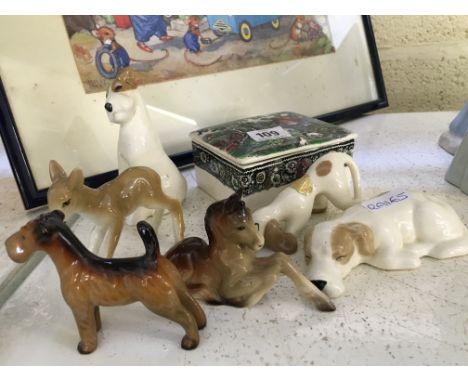 A collection of various china dogs and other animals including Midwinter and a china trinket box.