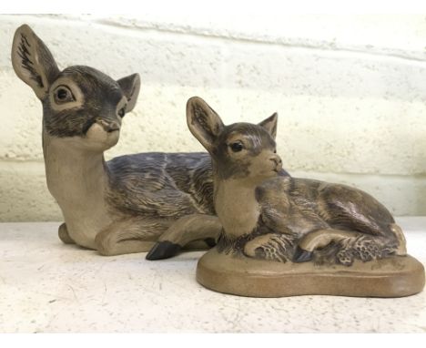A Poole Pottery Barbara Linley Adams stoneware model of a Large Fawn together with another modelled as a Baby Fawn.