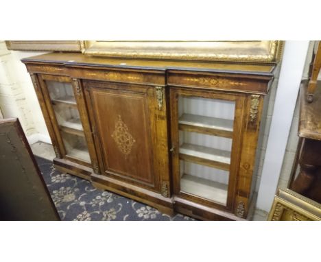 A late 19th century break front walnut credenza with glass side doors and inlaid centre panel cupboard.