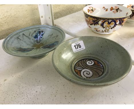 A small Poole Pottery footed bowl decorated in the Olympus pattern, shape 61B, thrown by Paul Dean and decorated by Jacquelin