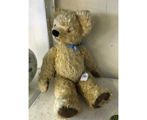 Chad Valley (England) Teddy Bear, gold plush, leather pads, stitched nose and mouth, inoperative growler. Height 48cm. G with