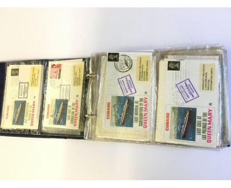 An album containing various First Day Covers and other postal related items including early envelopes, RMS Queen Mary Commemo