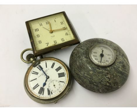 A silver plate cased jumbo pocket watch together with a Smiths alarm clock and a marble cased barometer.