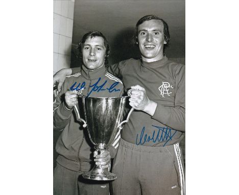 Autographed RANGERS 12 x 8 Photo : B/W, depicting a wonderful image showing Rangers COLIN STEIN and WILLIE JOHNSTON posing wi