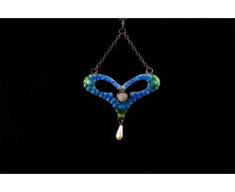 An Art Nouveau period enamelled pendant, the organic pierced form decorated in blue and green enamel, some damages, centred w