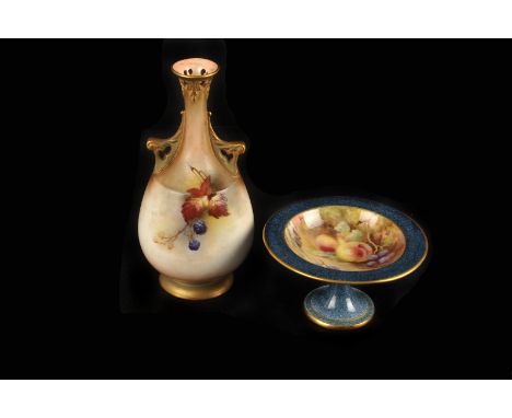 A Royal Worcester fruit painted miniature tazza, 1918 by F Roberts 9.5cm dia., together with a Hadley bramble pattern two han