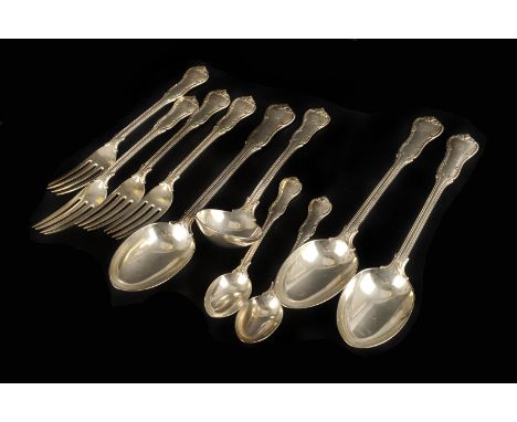 A matched set of silver flatware, by the Goldsmiths &amp; Silversmiths Co. and Francis Higgins &amp; Sons Ltd., comprising ei