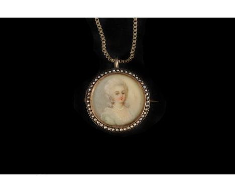 A late 19th century portrait pendant cum brooch, the circular yellow and white metal mount having well painted bust of a lady