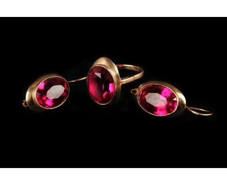 A modern Russian gold and synthetic ruby earrings and dress ring set, the large faceted red rubies in oval rubbed over mounts