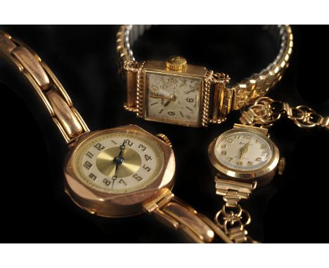 Three vintage and modern 9ct gold cased lady’s wristwatches, including a Jaeger Le Coultre on expanding strap, an Accurist on
