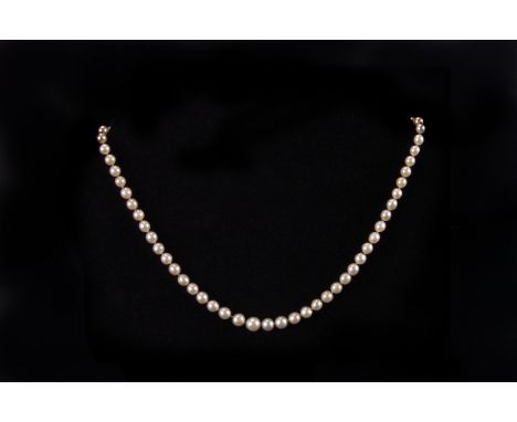 A pretty Edwardian period single strand pearl necklace, the graduating white pearls on knotted cotton united by a rectangular