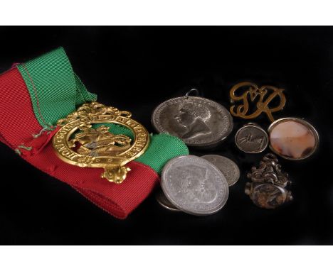 A group of three 19th century fob seals, together with an Order of the Garter medallion on green and red sash, two commemorat