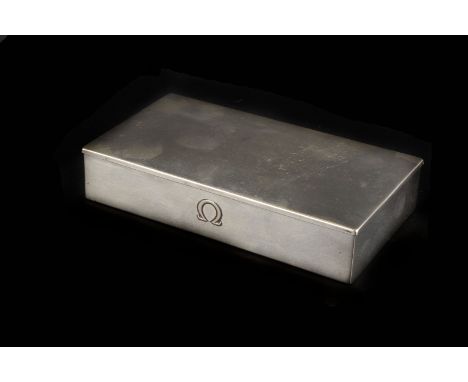 A vintage continental silver cigarette box by Tezler, the plain rectangular box bearing rasied Omega logo to front, marked to