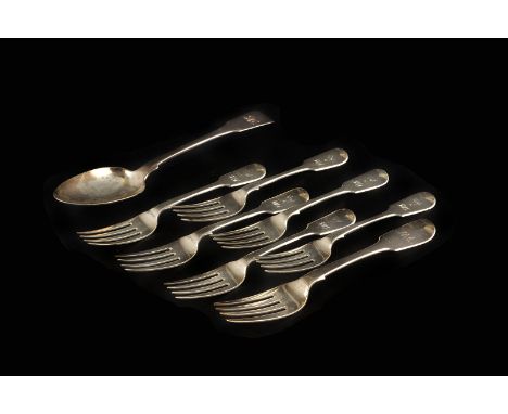 A set of 12 Victorian fiddle pattern starter forks, Dublin 1868 and probably by John Smith, plus a matching silver fork and G